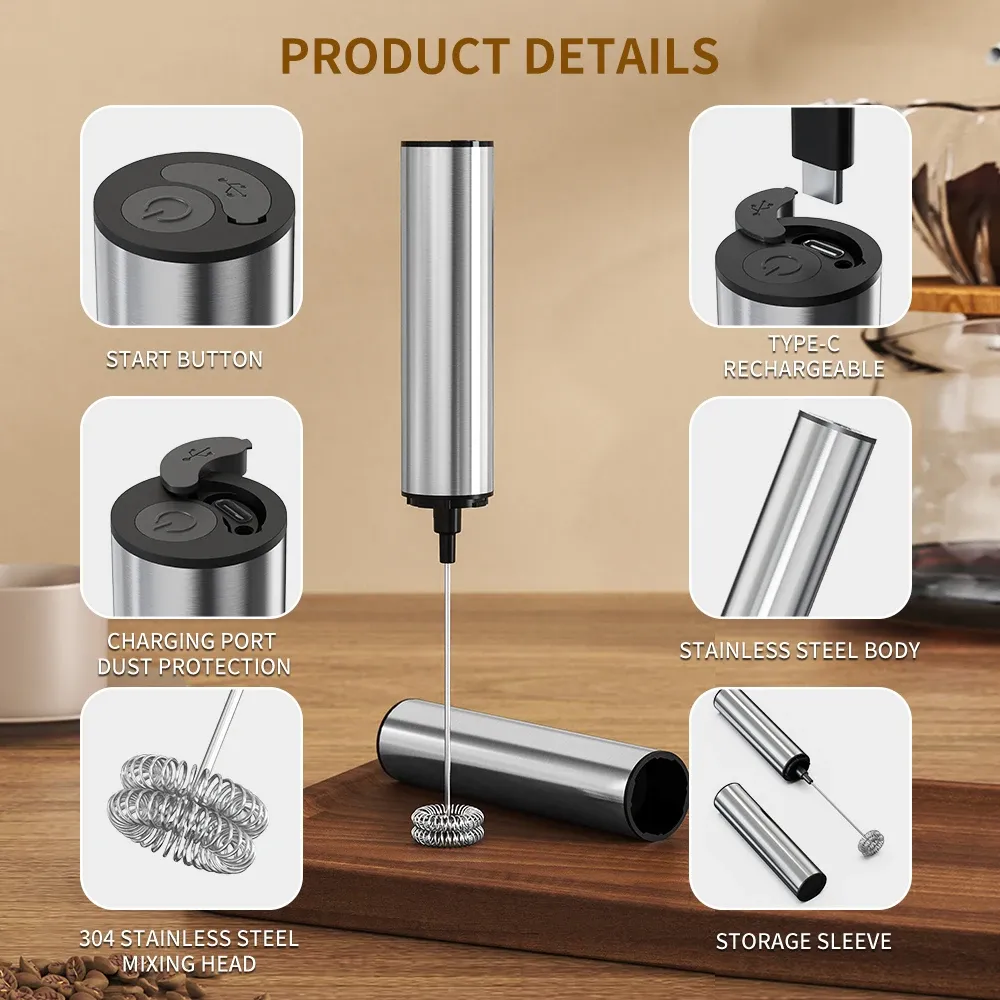 Mousseur à lait électrique rechargeable et portatif, agitateur de cuisine puissant pour lattes, boissons et œufs 6