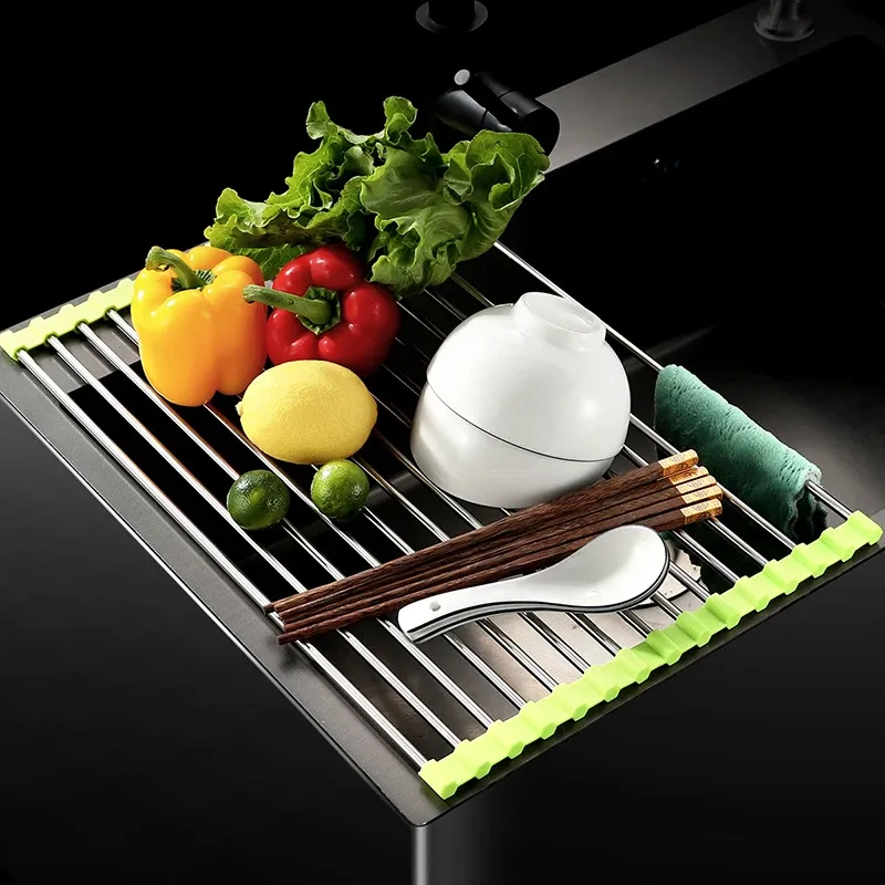 Égouttoir pliable en acier inoxydable pour évier, rangement fruits, légumes et vaisselle 2
