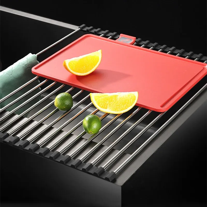 Égouttoir pliable en acier inoxydable pour évier, rangement fruits, légumes et vaisselle 4