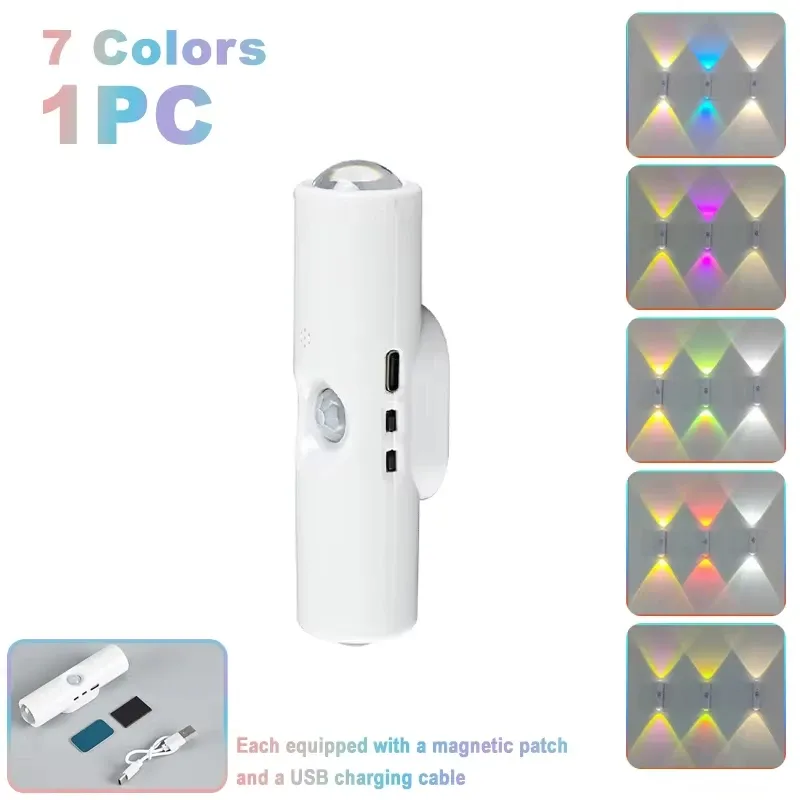 Lampe murale LED RGB intelligente à double tête avec détecteur de mouvement et veilleuse magnétique rechargeable 7