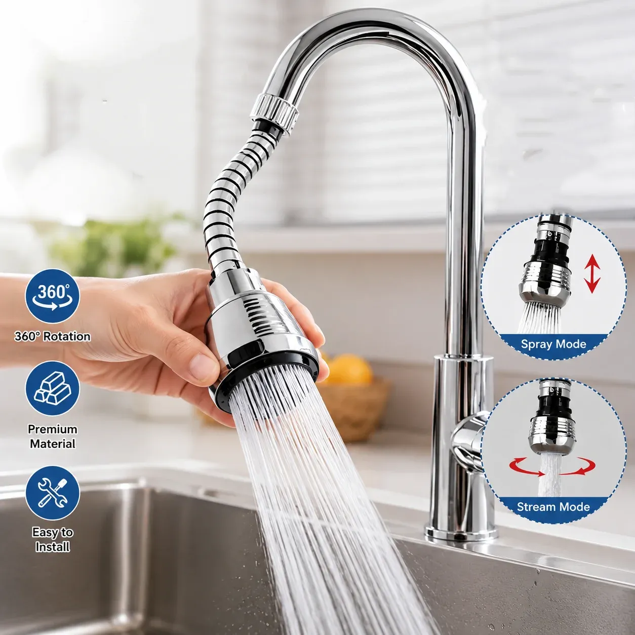 Robinet de cuisine en acier inoxydable avec aérateur économiseur d'eau, bec pivotant anti-éclaboussures et douchette extensible 2