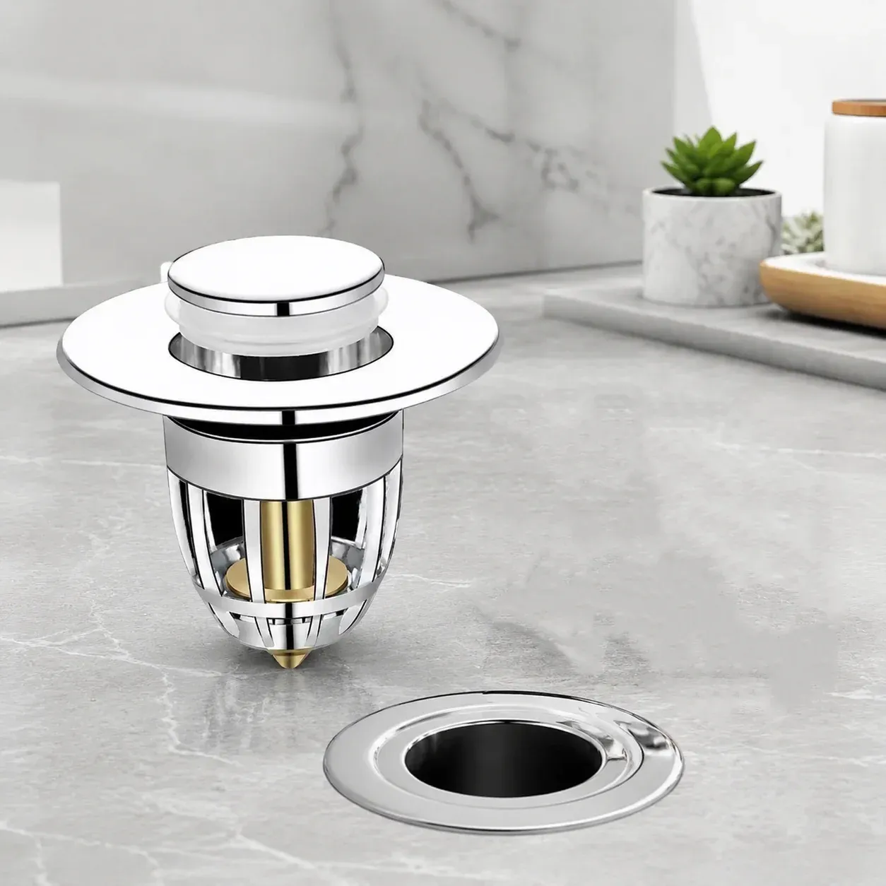 Bouchon de vidange à bascule universel, bonde de lavabo push-pull chromée avec filtre anti-cheveux, bonde de vidage pour lavabo de salle de bain, à installation facile - Image 1