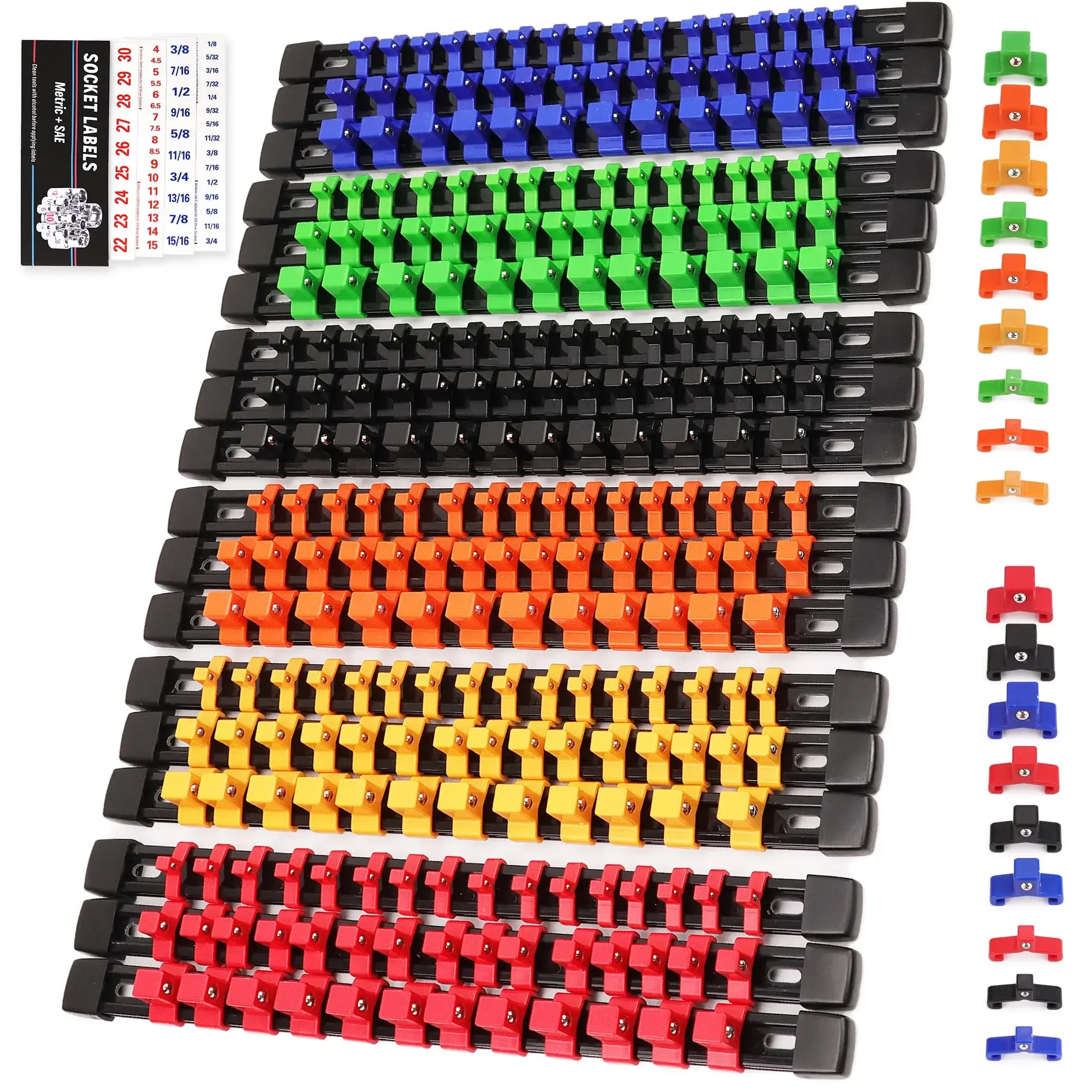 Ensemble d'organisateurs de douilles 1/4", 3/8" et 1/2" pour boîte à outils avec rail à clips
