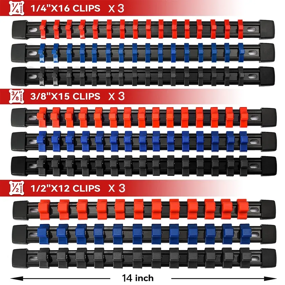 Ensemble d'organisateurs de douilles 1/4", 3/8" et 1/2" pour boîte à outils avec rail à clips 15