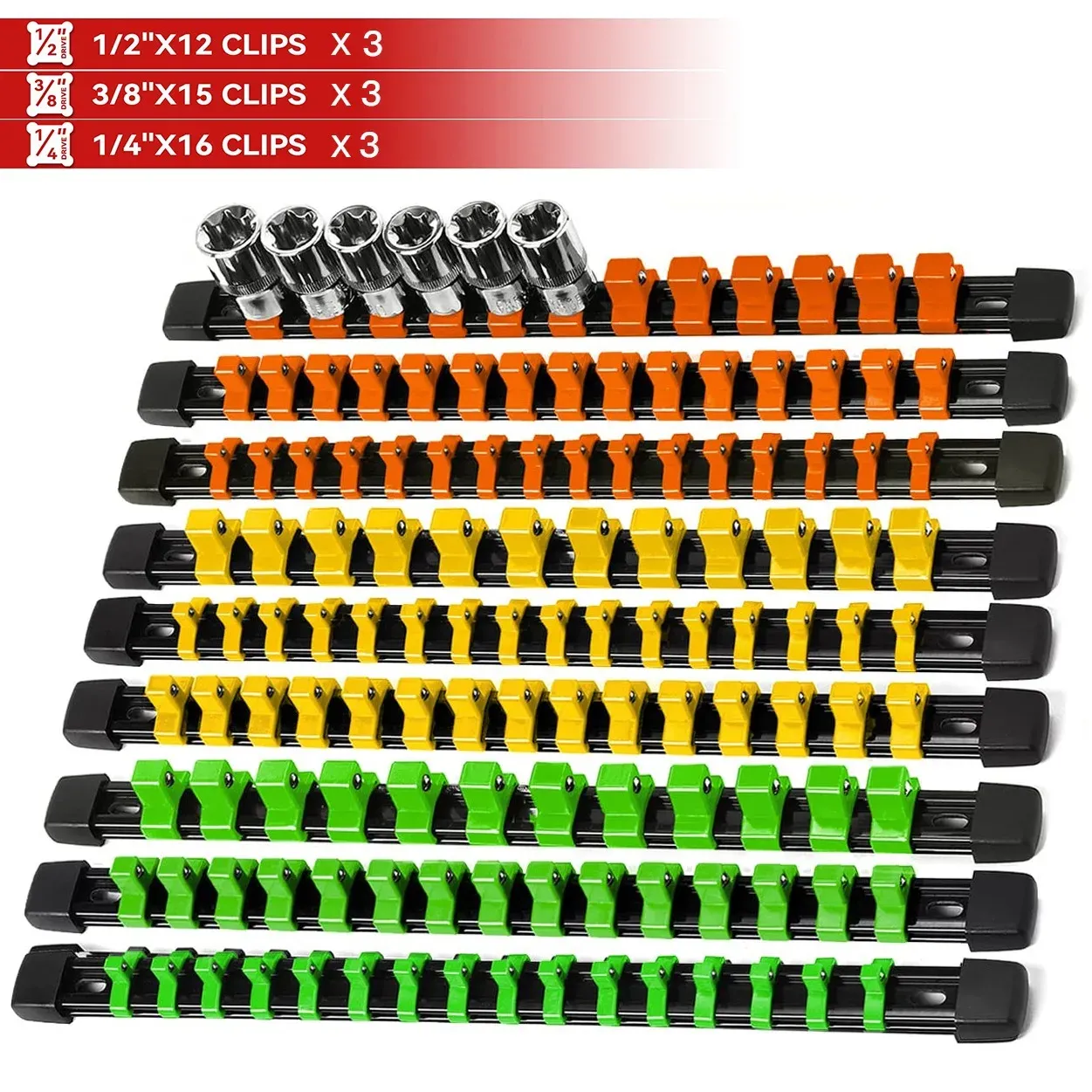 Ensemble d'organisateurs de douilles 1/4", 3/8" et 1/2" pour boîte à outils avec rail à clips 16