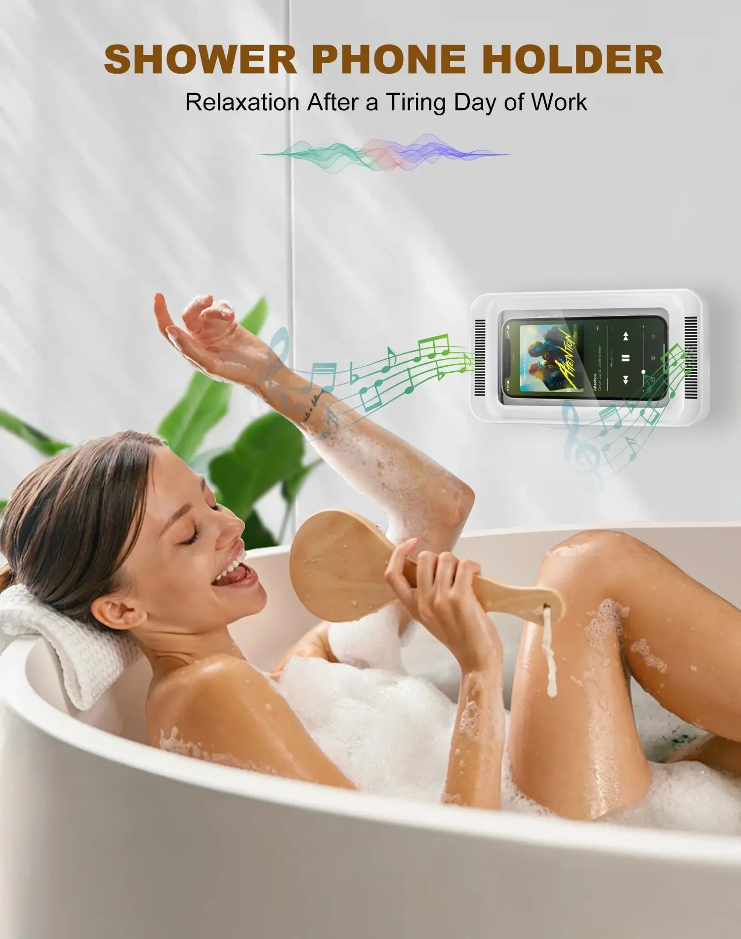 Support de téléphone pour douche avec haut-parleur, rotation à 360°, support mural étanche et anti-buée pour téléphones de 4 à 7 pouces 3