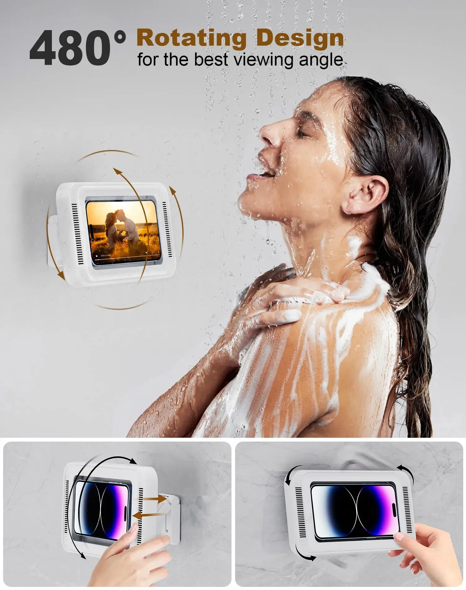 Support de téléphone pour douche avec haut-parleur, rotation à 360°, support mural étanche et anti-buée pour téléphones de 4 à 7 pouces 4