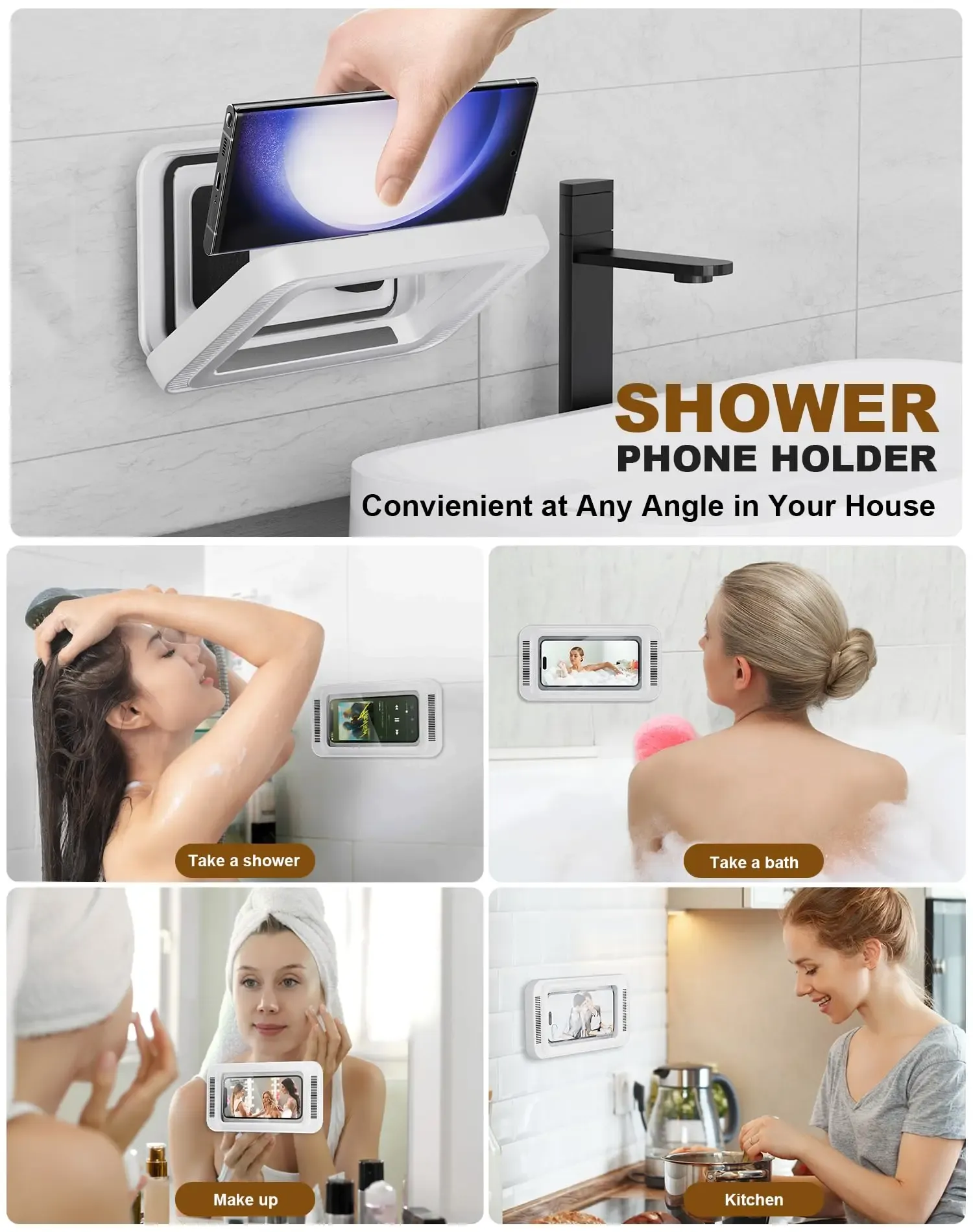 Support de téléphone pour douche avec haut-parleur, rotation à 360°, support mural étanche et anti-buée pour téléphones de 4 à 7 pouces 6