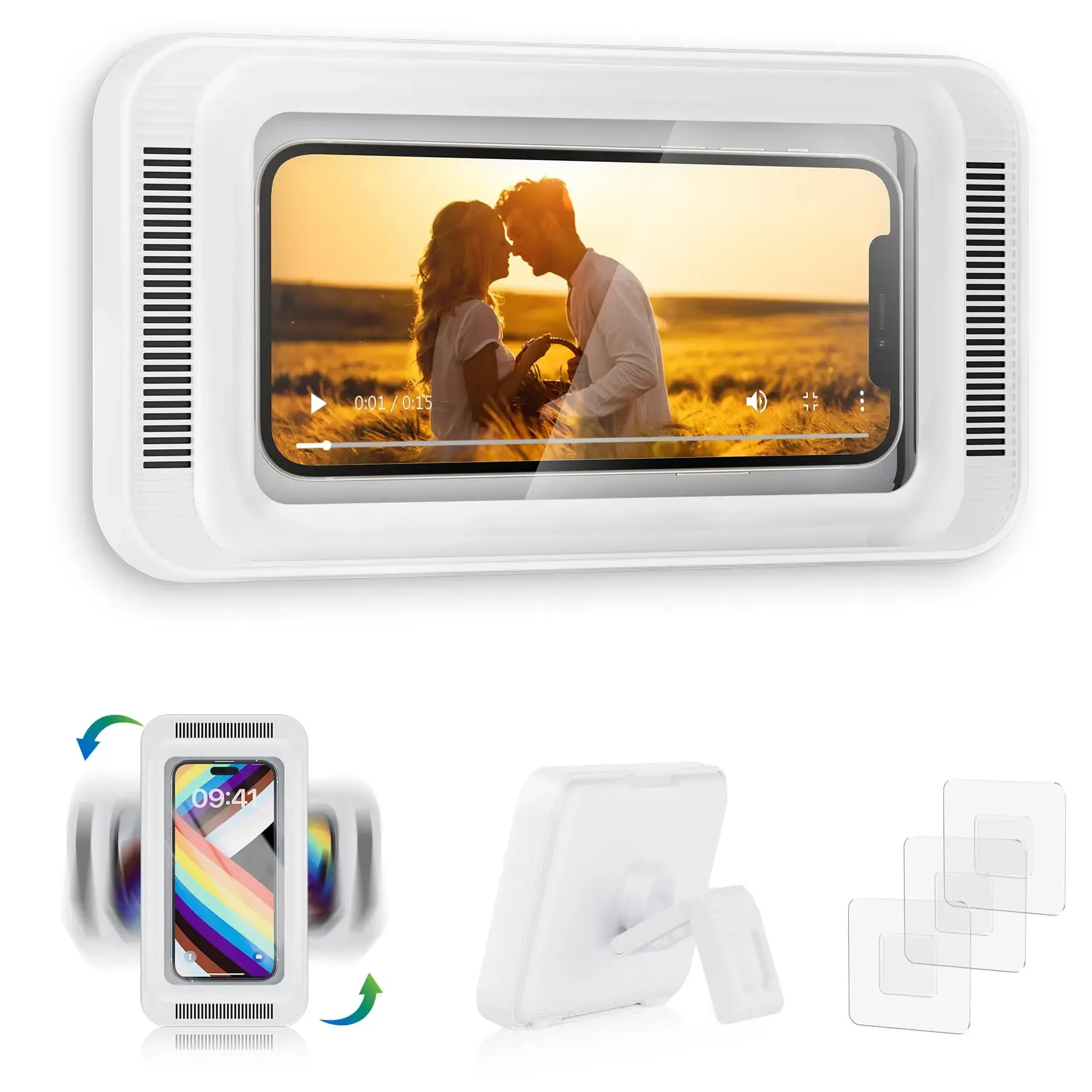 Support de téléphone pour douche avec haut-parleur, rotation à 360°, support mural étanche et anti-buée pour téléphones de 4 à 7 pouces 8