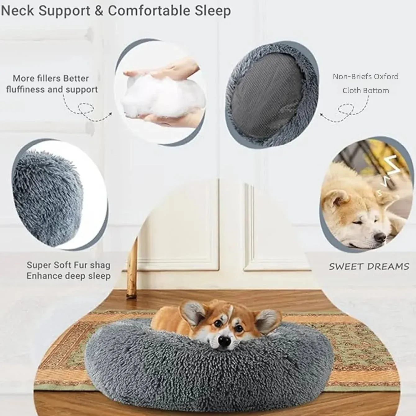 Lit rond pour animaux de compagnie, 40 à 90 cm, 6 tailles, pour grand chien, lit ultra-doux pour chat, panier en peluche pour chien de taille moyenne, couchage chaud d'hiver 4