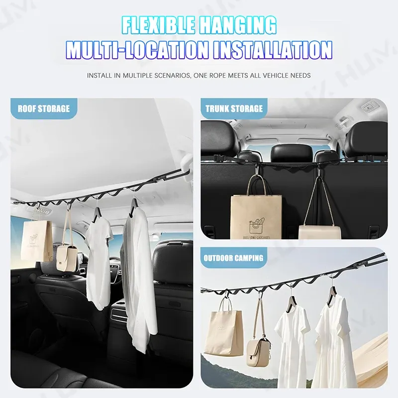 Corde à linge portable multifonctionnelle pour voiture, organisateur de vêtements pour l'habitacle, idéal pour le camping et les voyages, grande capacité de charge 4