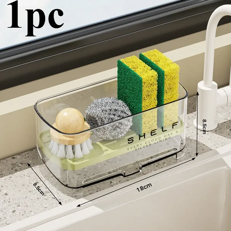 Égouttoir de cuisine autovidangeant pour évier avec support pour éponge, torchon, savon et rangement pour robinet 8