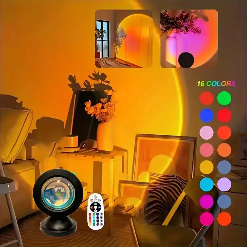 Projecteur coucher de soleil LED RGB avec télécommande, 16 couleurs 7