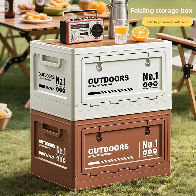 Boîte de rangement pliable grande capacité avec couvercle en bois, multifonctionnelle pour coffre de voiture, pour le camping et les pique-niques 1