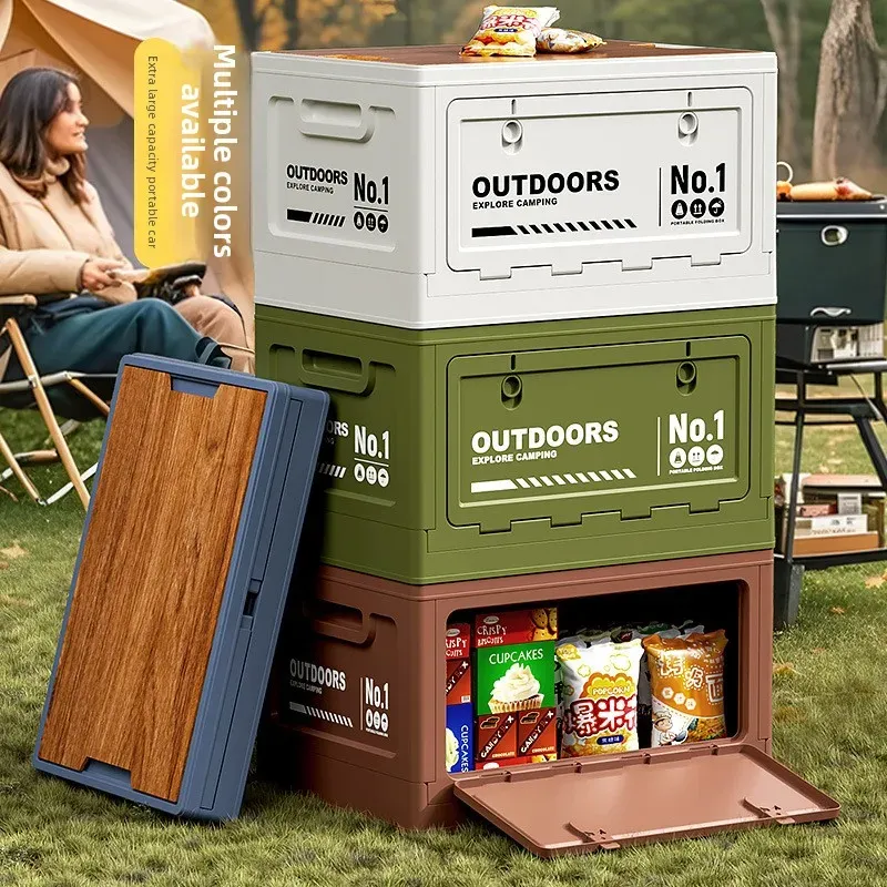 Boîte de rangement pliable grande capacité avec couvercle en bois, multifonctionnelle pour coffre de voiture, pour le camping et les pique-niques 2
