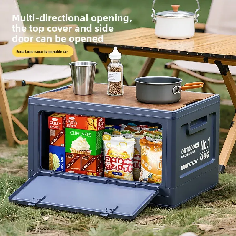 Boîte de rangement pliable grande capacité avec couvercle en bois, multifonctionnelle pour coffre de voiture, pour le camping et les pique-niques 4