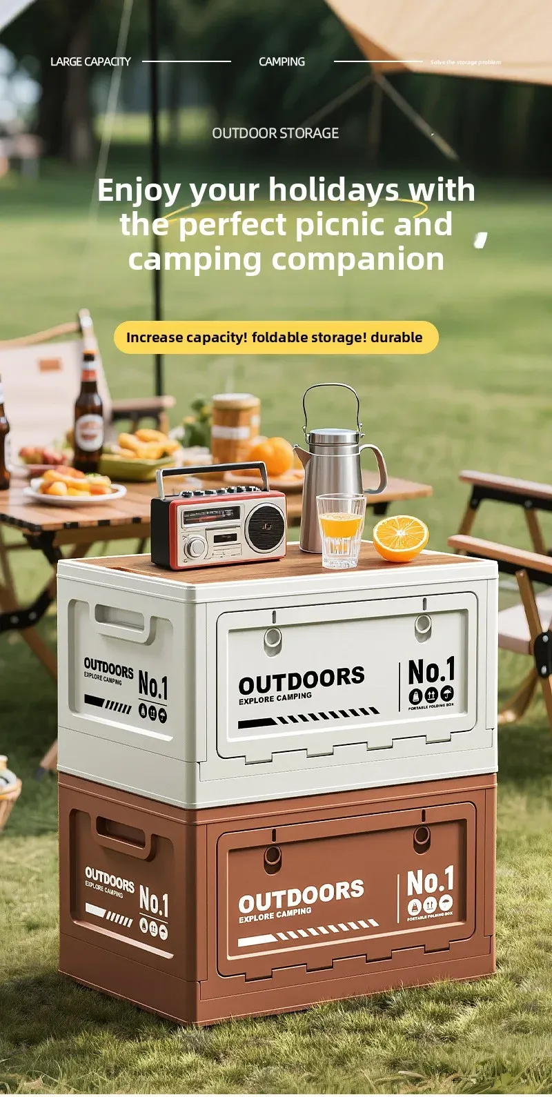 Boîte de rangement de camping pliable avec couvercle en bois