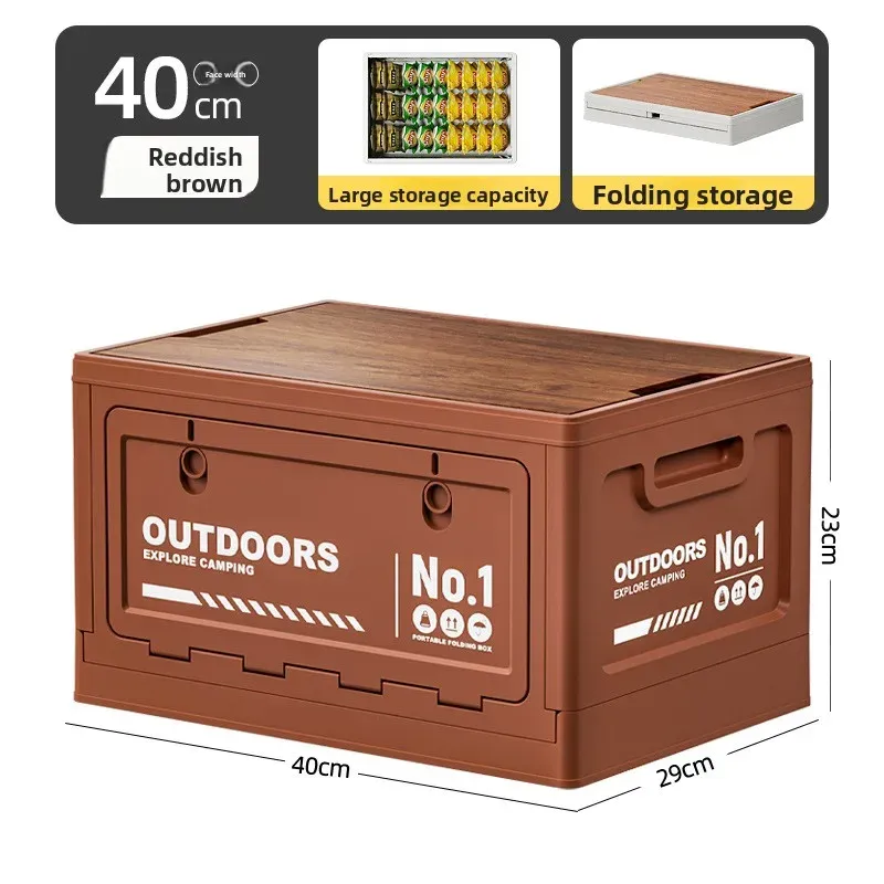 Boîte de rangement pliable grande capacité avec couvercle en bois, multifonctionnelle pour coffre de voiture, pour le camping et les pique-niques 14