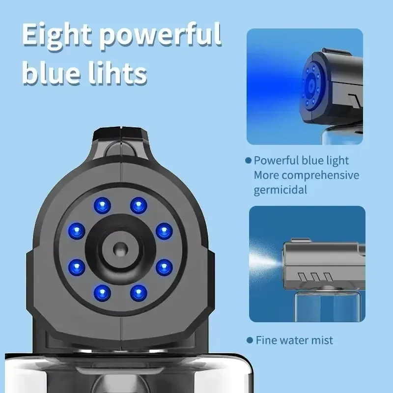 Bouteille vaporisateur rechargeable USB 280 ml, lumière bleue nano, pulvérisateur électrique portable pour barbier, désinfection domestique 5