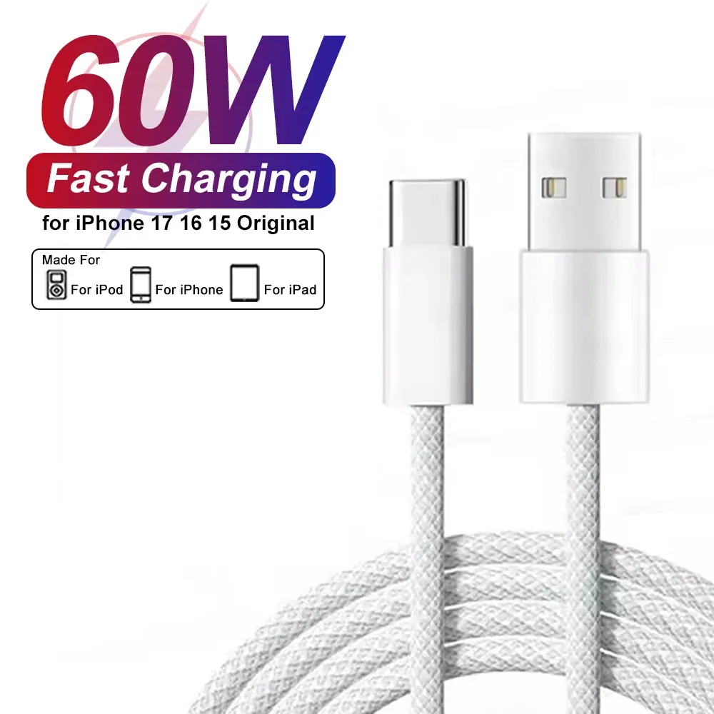 Câble USB-C 60 W pour iPhone 15, 16 et 17 Pro Max, Air, Charge rapide et transfert de données, Tressé
