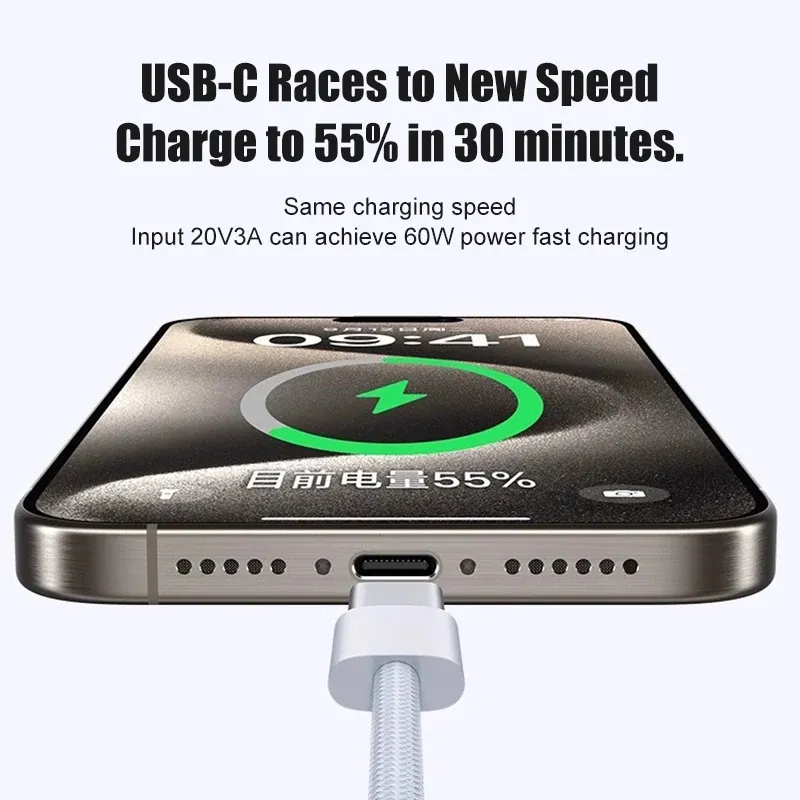 Câble USB-C 60 W pour iPhone 15, 16 et 17 Pro Max, Air, Charge rapide et transfert de données, Tressé 5