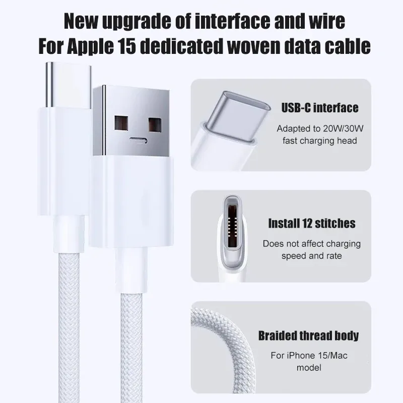 Câble USB-C 60 W pour iPhone 15, 16 et 17 Pro Max, Air, Charge rapide et transfert de données, Tressé 6