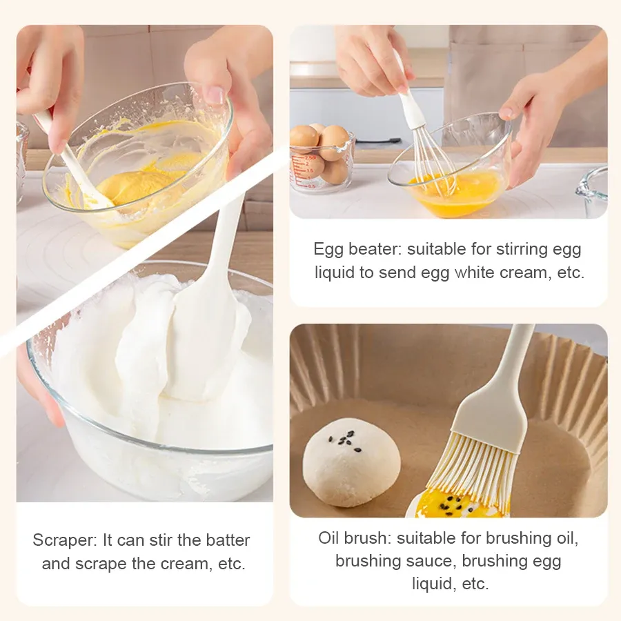 Ensemble d'ustensiles de cuisine en silicone : spatule à pâtisserie, racloir, fouet à œufs et pinceau à huile pour barbecue 2