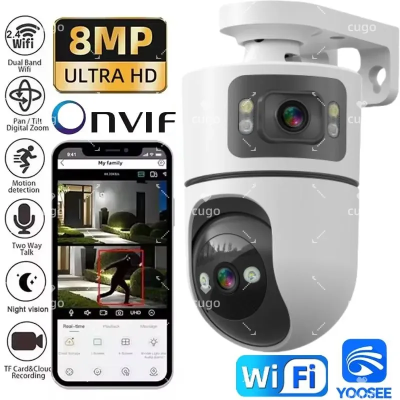 Caméra IP WiFi 8MP double objectif avec support réglable, caméra de surveillance sans fil ONVIF, zoom 10x, compatible moniteur bébé YOOSEE