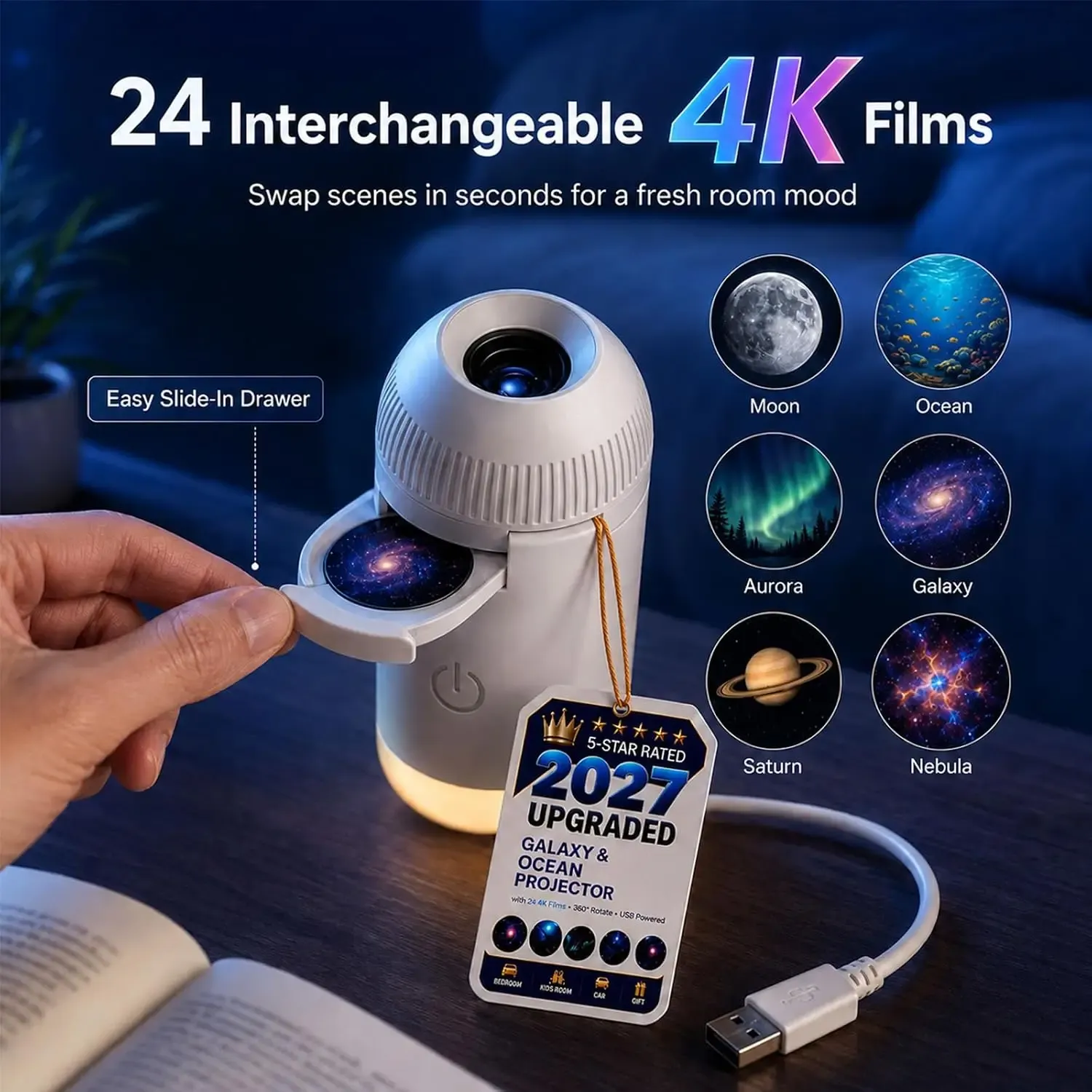 Projecteur de ciel étoilé USB 360° pour voiture et maison, veilleuse Galaxy réglable