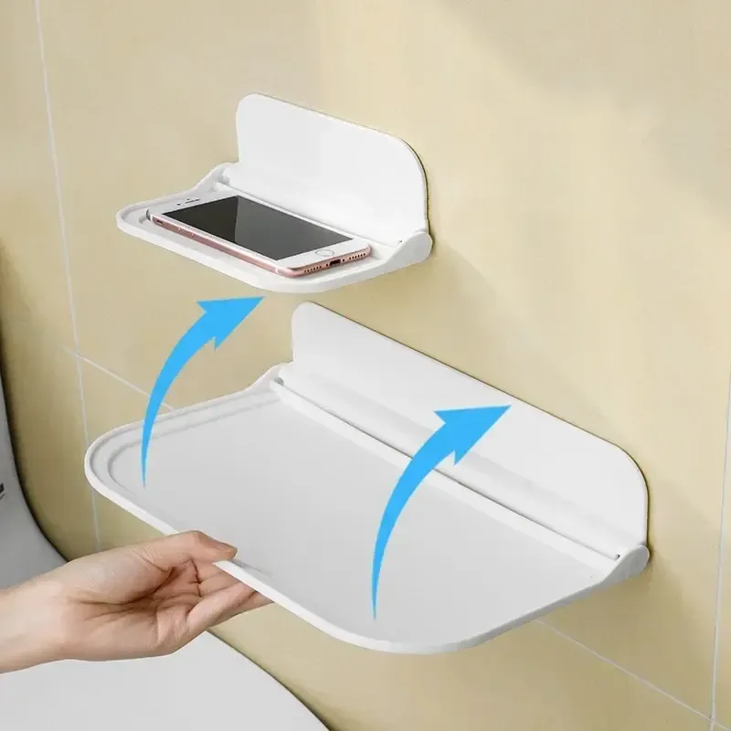 Étagère murale pliante gain de place avec support téléphone sans perçage et plateau pour routeur Wi-Fi, organisateur de salle de bain - Image 1