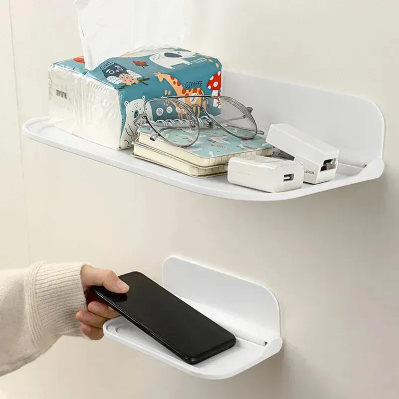 Étagère murale pliante gain de place avec support téléphone sans perçage et plateau pour routeur Wi-Fi, organisateur de salle de bain 4