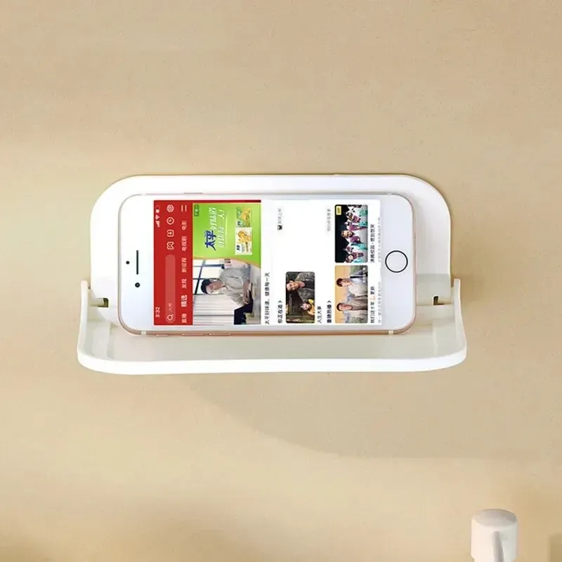 Étagère murale pliante gain de place avec support téléphone sans perçage et plateau pour routeur Wi-Fi, organisateur de salle de bain 5