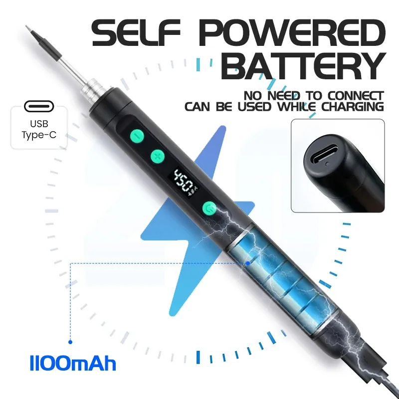 Fer à souder sans fil ANSIKI C212S portable, température réglable de 180 à 450 °C, batterie intégrée, kit avec 3 pointes de soudage 3