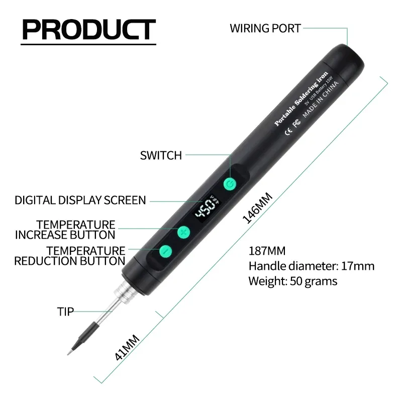 Fer à souder sans fil ANSIKI C212S portable, température réglable de 180 à 450 °C, batterie intégrée, kit avec 3 pointes de soudage 6