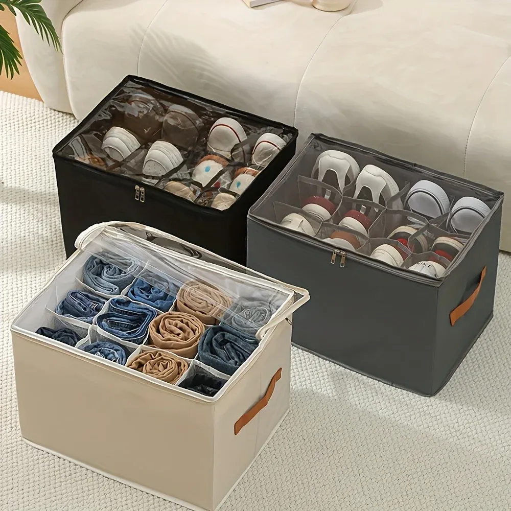 Boîte de rangement pliable en tissu avec couvercle, vue d'ensemble