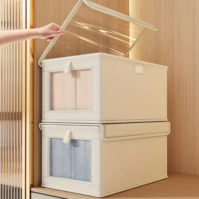 Boîte de rangement pliable pour vêtements en toile épaisse, avec couvercle transparent anti-poussière pour la maison 3