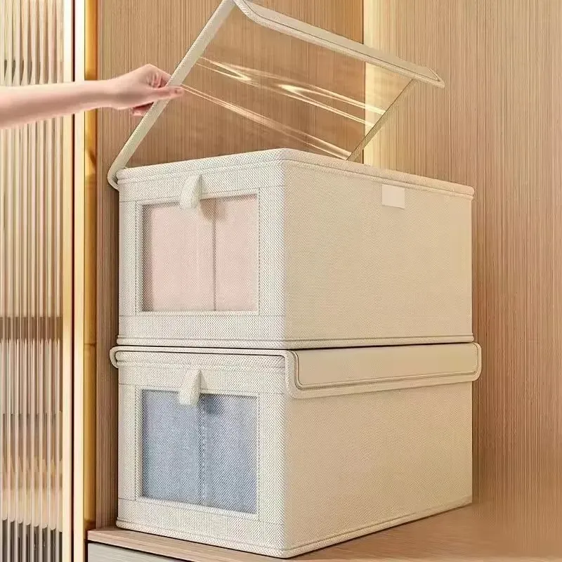 Boîte de rangement pliable pour vêtements en toile épaisse, avec couvercle transparent anti-poussière pour la maison 6