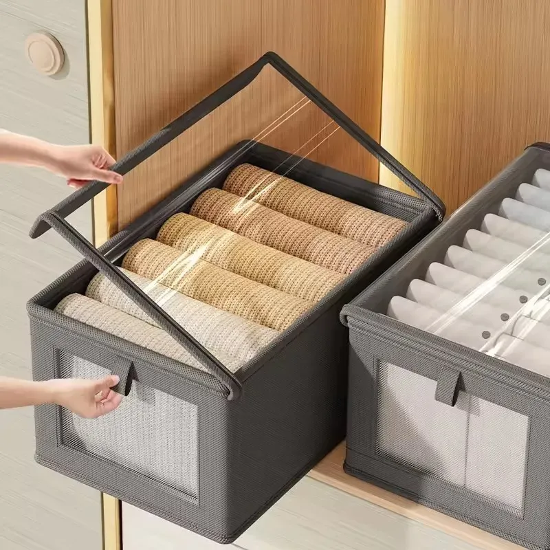 Boîte de rangement pliable pour vêtements en toile épaisse, avec couvercle transparent anti-poussière pour la maison 7