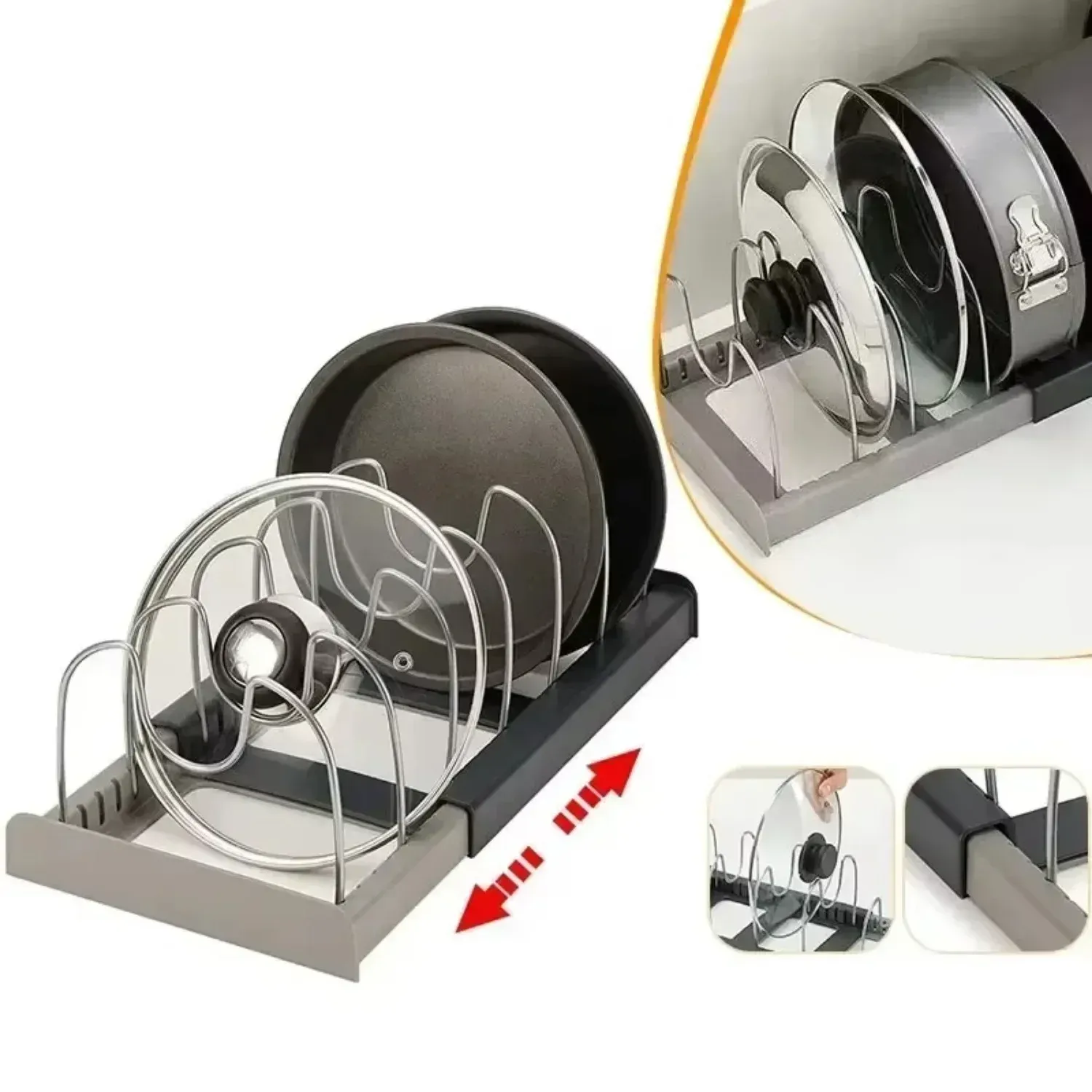 Organisateur extensible pour casseroles et poêles, à installer dans les armoires, avec 6 étagères réglables pour ranger casseroles et couvercles 2