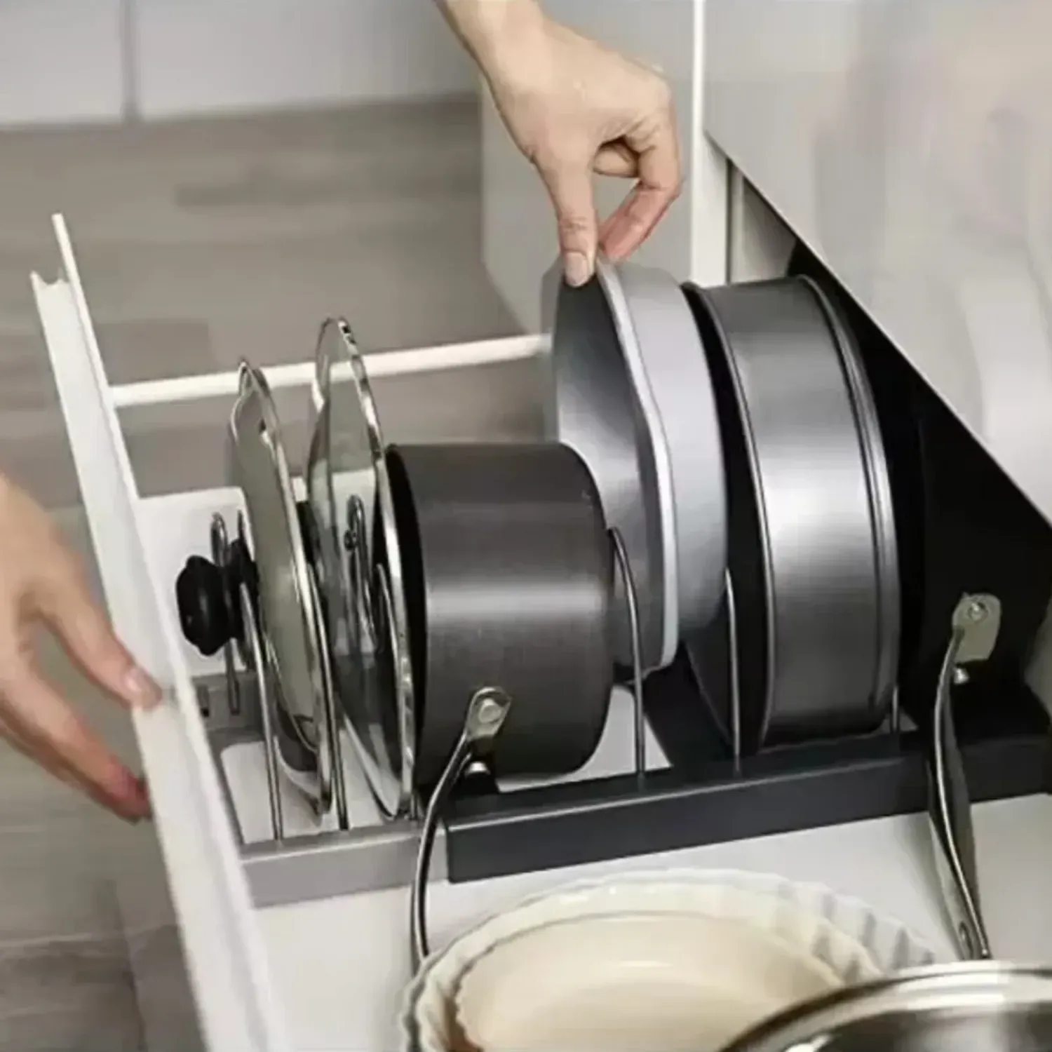 Organisateur extensible pour casseroles et poêles, à installer dans les armoires, avec 6 étagères réglables pour ranger casseroles et couvercles 3