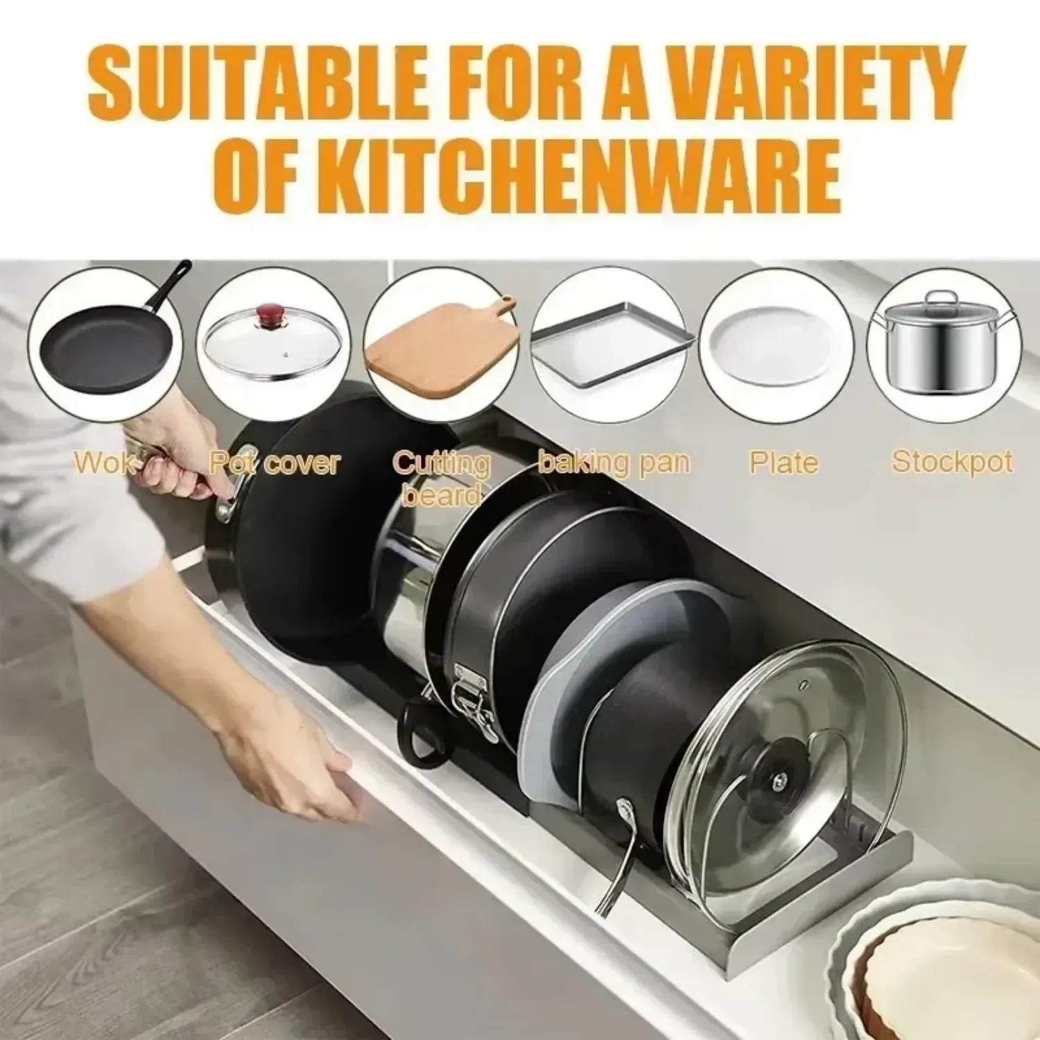 Organisateur extensible pour casseroles et poêles, à installer dans les armoires, avec 6 étagères réglables pour ranger casseroles et couvercles 5