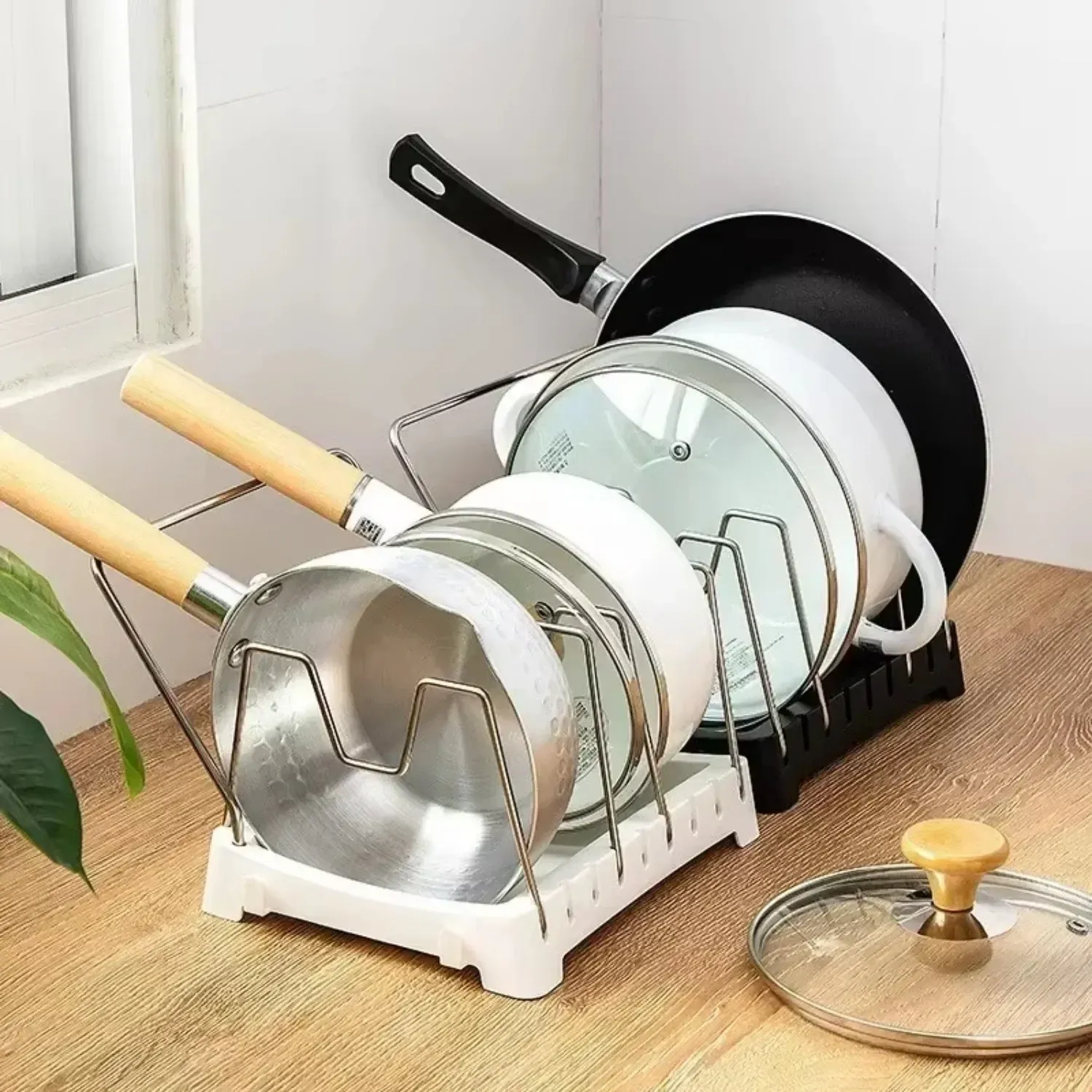 Organisateur extensible pour casseroles et poêles, à installer dans les armoires, avec 6 étagères réglables pour ranger casseroles et couvercles 4