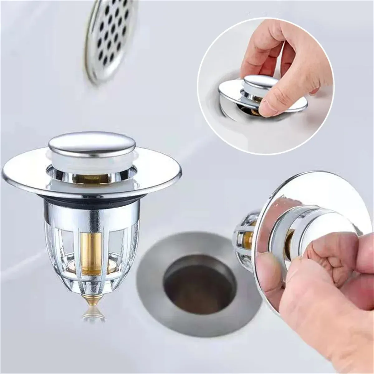 Bouchon de vidange pop-up chromé avec filtre attrape-cheveux, universel, pour lavabo de salle de bain 5