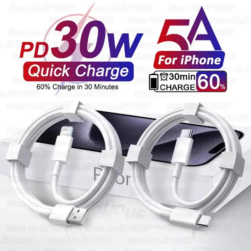 Câble USB-C vers Lightning PD 30W pour iPhone 15, 14, 13, 12, 11, Pro, Pro Max, 7, 8, Plus, XS, X, XR, charge rapide