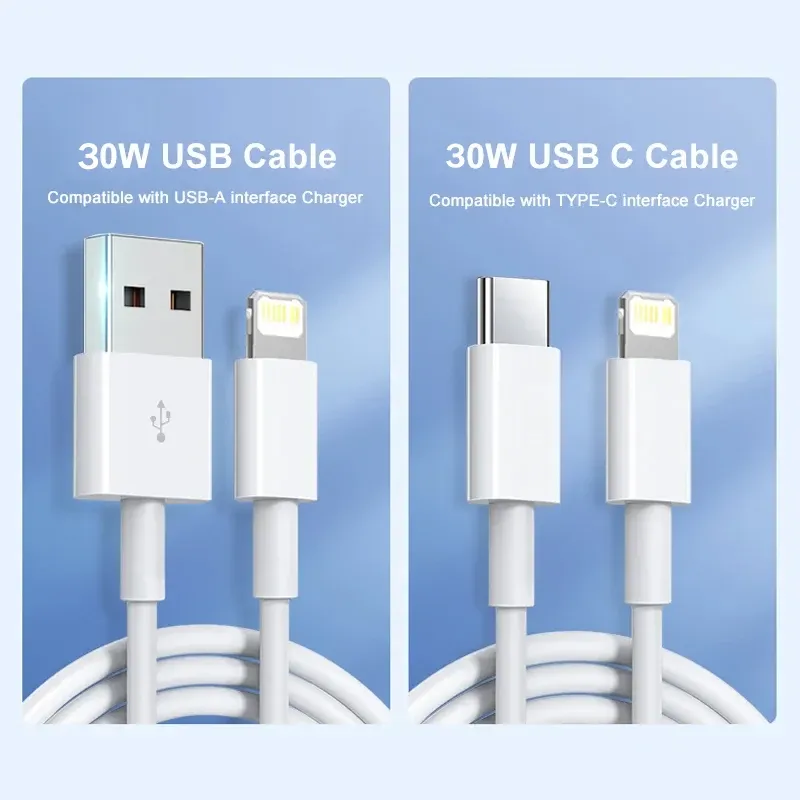 Câble USB-C vers Lightning PD 30W pour iPhone 15, 14, 13, 12, 11, Pro, Pro Max, 7, 8, Plus, XS, X, XR, charge rapide 3