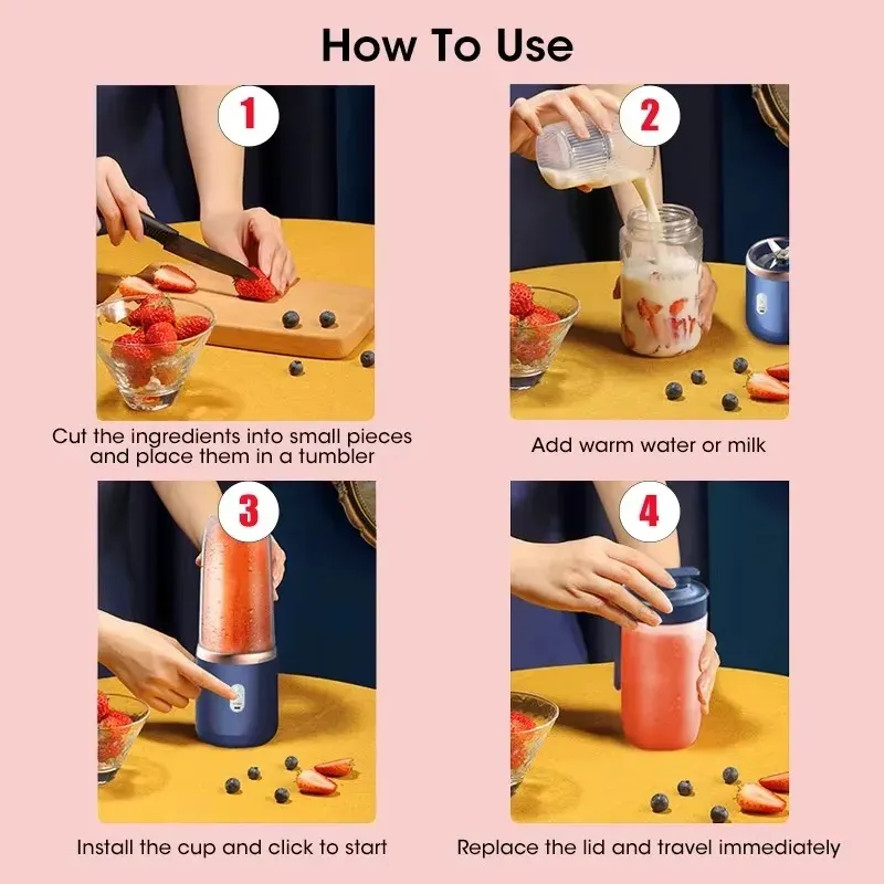 Mélangeur de jus portable, mini blender électrique personnel d'été, rechargeable par USB, 6 lames, presse-agrumes, machine de cuisine 5