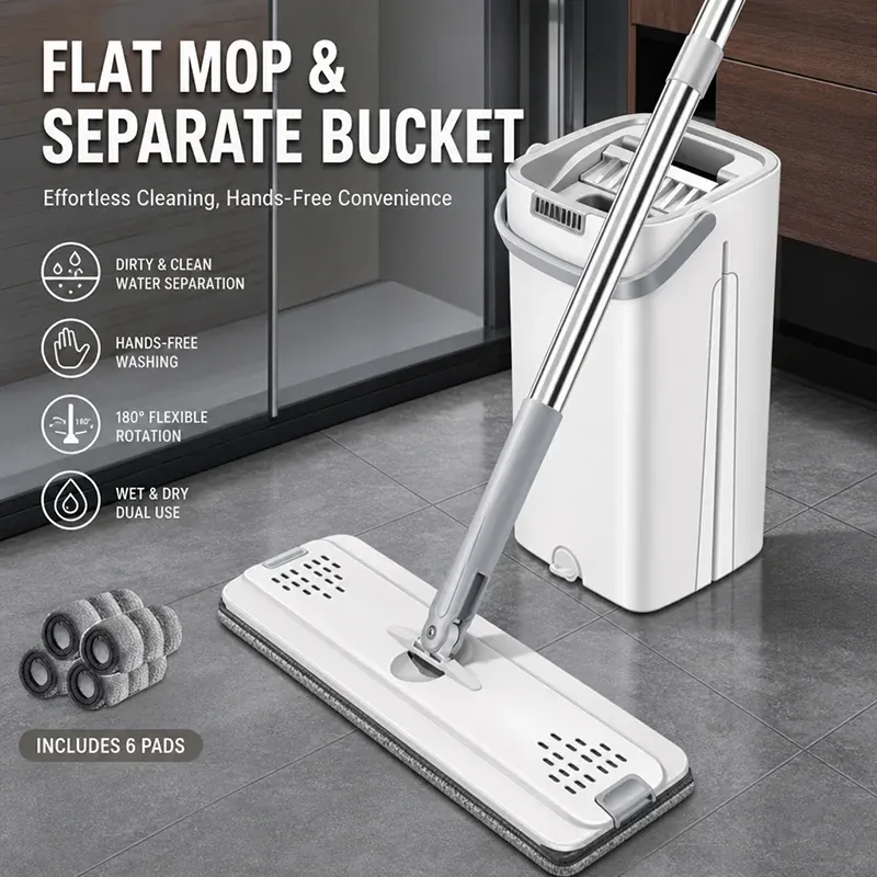 Serpillère plate mains libres avec seau, nettoyeur de sols humides et secs à rotation à 360°, tampons en microfibre pour parquet, carrelage et cuisine - Image 1