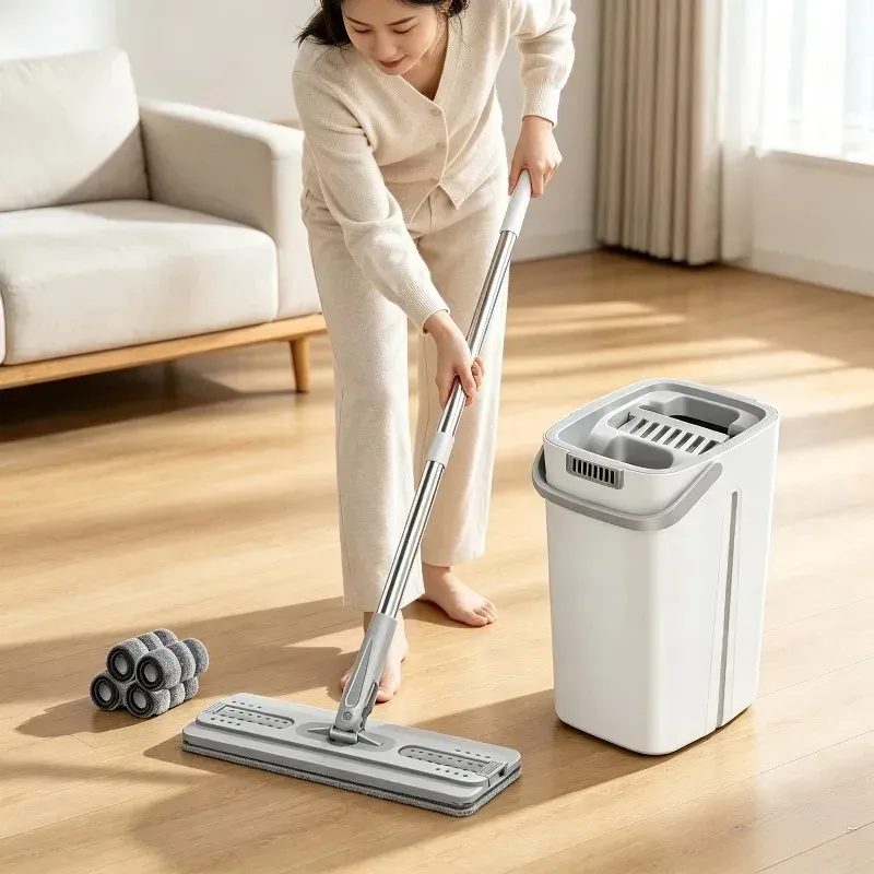Serpillère plate mains libres avec seau, nettoyeur de sols humides et secs à rotation à 360°, tampons en microfibre pour parquet, carrelage et cuisine 2