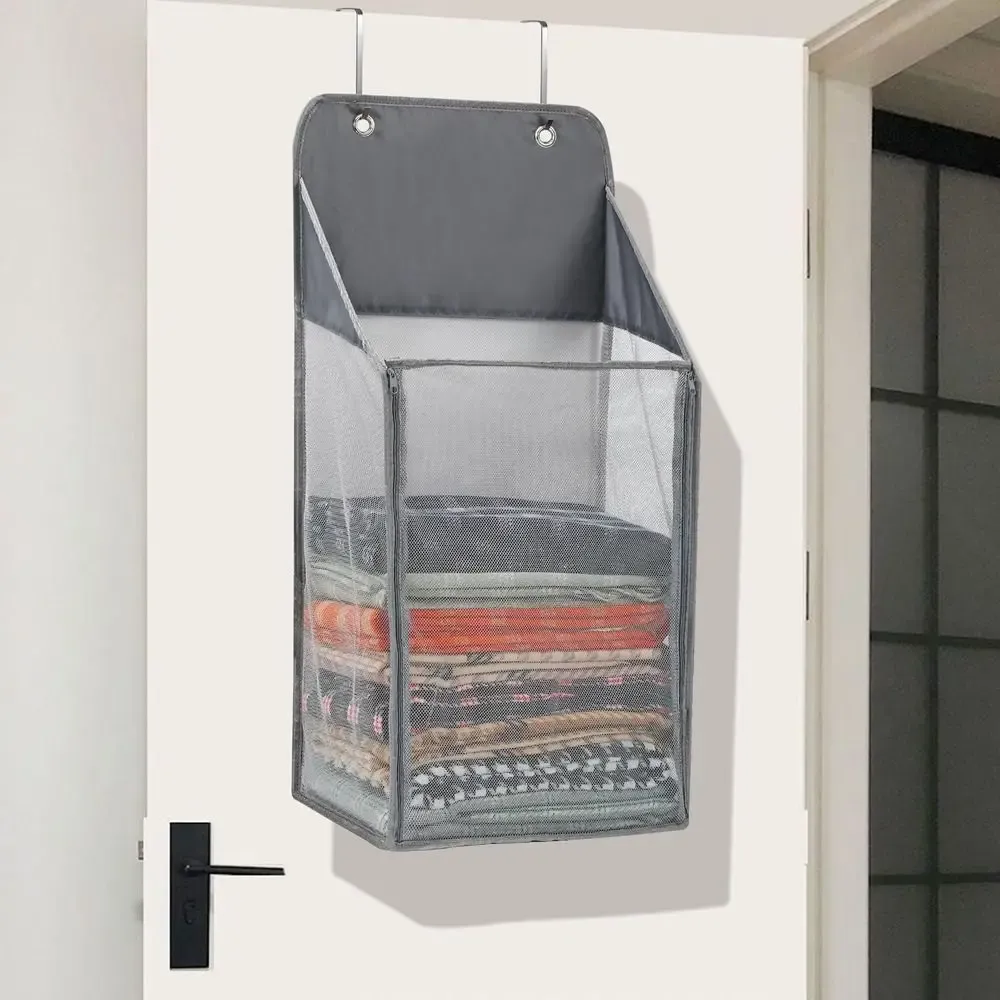 Panier à linge pliable en maille à suspendre sur porte, grande capacité, avec crochets 4