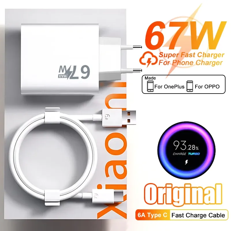 Chargeur d'origine 67 W, charge rapide, adaptateur UE/US, câble USB Type-C pour Xiaomi, Redmi, POCO, OnePlus, OPPO, vivo, Samsung